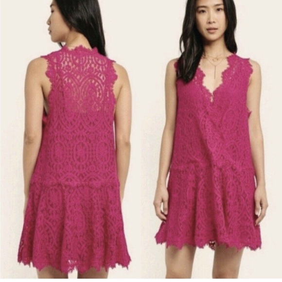 Free People Lace Pink Orchid Heart in Two Drop Waist V Neck Mini Dress Size L - Picture 1 of 6